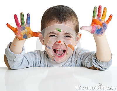 Little boy with paints on hands Stock Photo