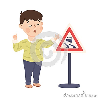 Little Boy Pedestrian Learning Road Sign and Traffic Rule Vector Illustration Vector Illustration