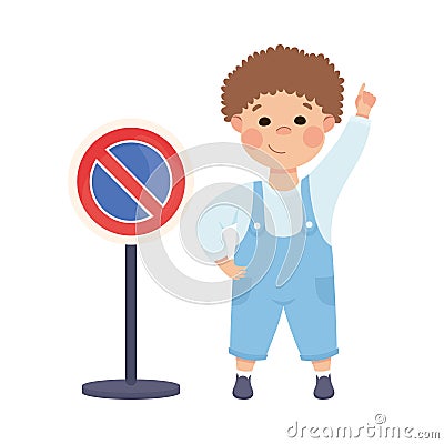 Little Boy Pedestrian Learning Road Sign and Traffic Rule Vector Illustration Vector Illustration