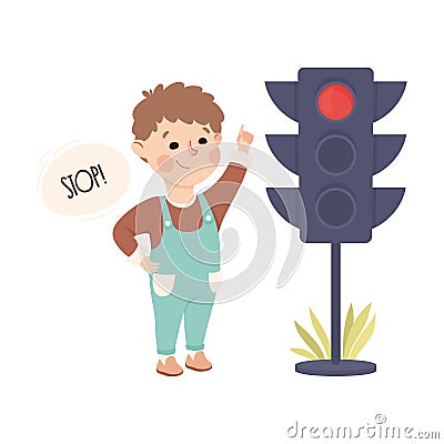 Little Boy Pedestrian Learning Road Sign and Traffic Rule Vector Illustration Vector Illustration
