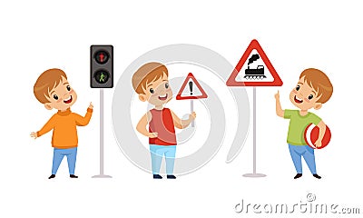 Little Boy Pedestrian Learning Road Sign and Traffic Rule Vector Set Vector Illustration