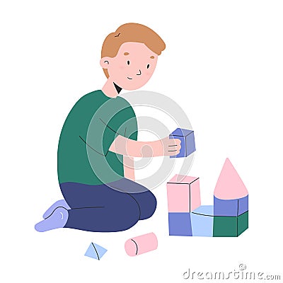 Little boy playing with cubes, toddler boys building a tower with wooden bricks, kindergarten activities, cute modern Vector Illustration