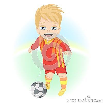 Happy little boy with ball playing football outdoor Vector Illustration