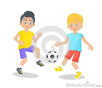 Little Boy Playing Football on White Background Vector Illustration