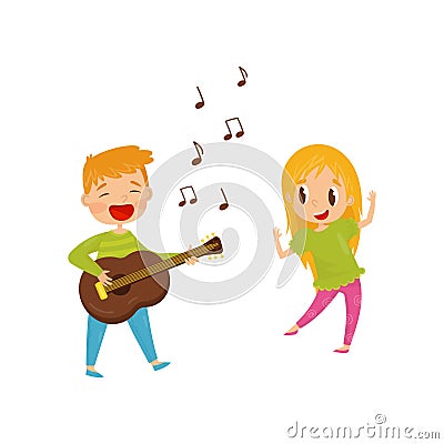 Little boy playing guitar and singing, girl dancing. Cheerful kids having fun together. Flat vector design Vector Illustration