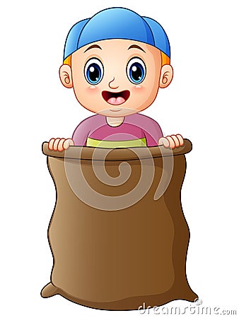 Little boy playing jumping sack race Vector Illustration