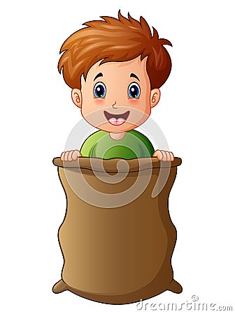 Little boy playing jumping sack race Vector Illustration