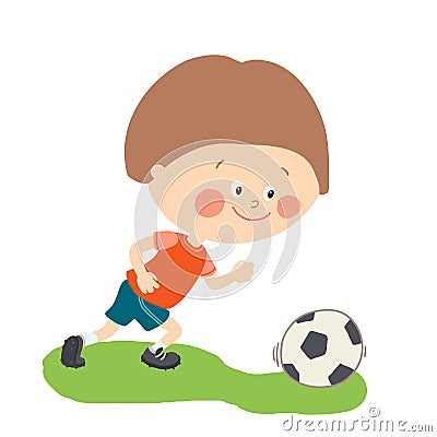 Little boy playing soccer on the football field. Child kicking football. Cute happy kid playing with a ball. Cartoon Vector Illustration