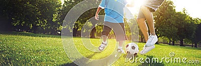 Little Boy Playing Soccer With His Father Concept Stock Photo