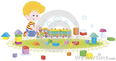 Little boy playing with a toy train in a playroom Vector Illustration