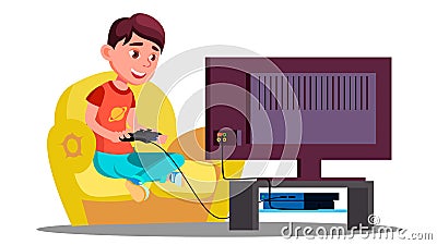 Little Boy Playing Video Games On The Couch Vector. Isolated Illustration Vector Illustration