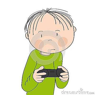 Little boy playing video games on game console, holding joystick, being very concentrated. Vector Illustration