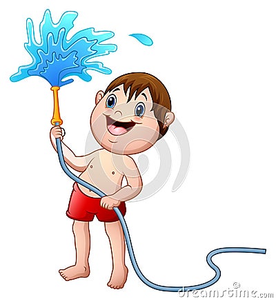 Little boy playing with the water hose Vector Illustration