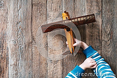 Little boy plays with airplane Stock Photo