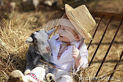 The little boy plays with the goatling in hay Stock Photo
