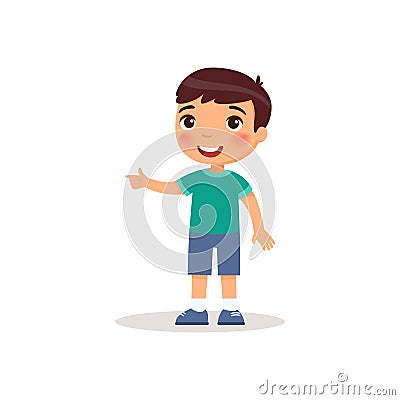 Little boy pointing with index finger flat vector illustration. Smiling male child standing cartoon character. Vector Illustration