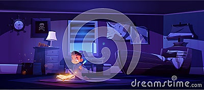 Little boy practice magic with wand and spell book Vector Illustration