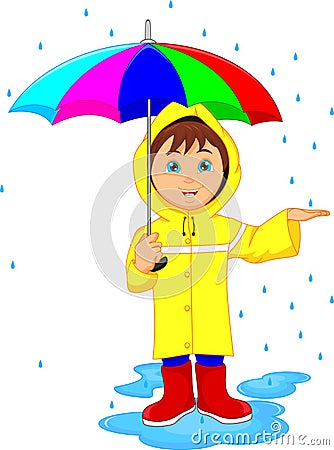 Little boy in rain with umbrella Vector Illustration