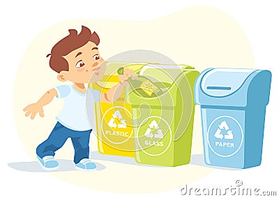 Little boy recycling garbage Vector Illustration