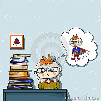 Upset little boy red hair dreams behind a pile of books, coloured drawing hand paint, little dreamer, superhero Vector Illustration