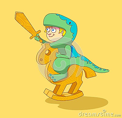 Little Boy riding a wooden horse Vector Illustration