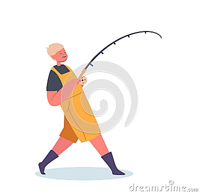 Little Boy with Rod Catch Fish on Pond Isolated on White Background. Child Fisherman Character Summer Activity Vector Illustration