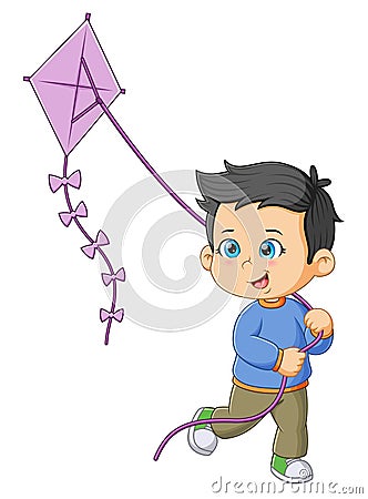 The little boy is running and holding the long kite Vector Illustration