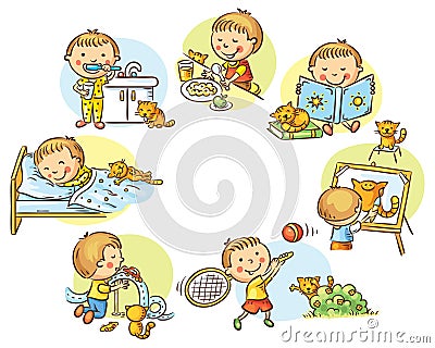 Little boy's daily activities Vector Illustration