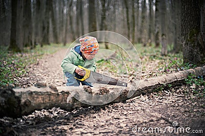 Little boy sawing a fallen tree in the forest Stock Photo