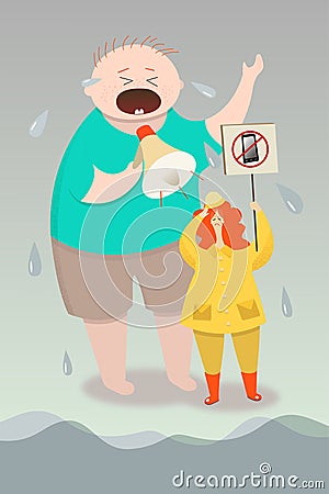 Child and ban on mobile. Little boy shouts at mother through a megaphone Vector Illustration