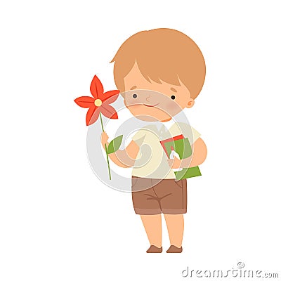 Little Boy Showing Handcrafted Paper Flower Vector Illustration Vector Illustration