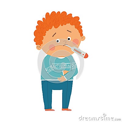 Little boy sick with high fever. Cartoon hand drawn10 illustration isolated on white background in a flat style. Cartoon Illustration