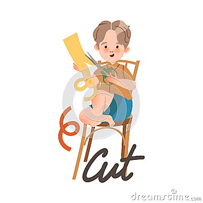 Little Boy Sitting on Chair and Cutting with Scissors as Verb Expressing Action for Kids Education Vector Illustration Stock Photo