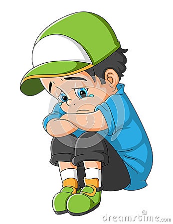 The little boy is sitting and contemplating while crying Vector Illustration