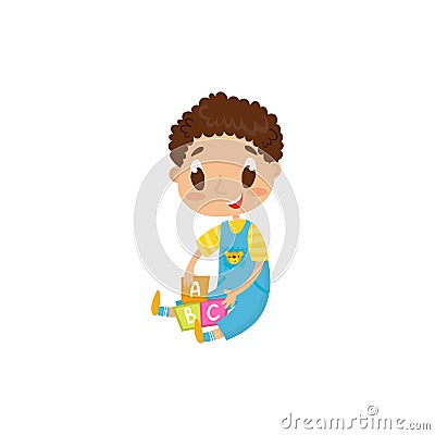 Little boy sitting on the floor and playing with wooden alphabet blocks, cute cartoon character vector Illustration on a Vector Illustration