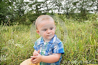 Little boy sitting in the grass, ladybug crawling on his face. Stock Photo