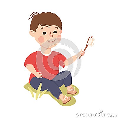 Little Boy Sitting on Green Lawn with Skewered Fried Marshmallow Vector Illustration Vector Illustration