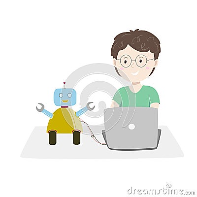 Little boy sitting at his desk and coding with her computer making and programming cute robot. Vector illustration. Vector Illustration