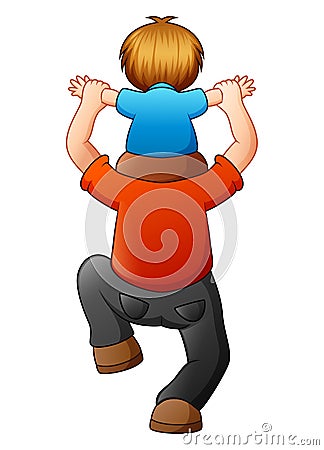 Little boy sitting on his father shoulders Vector Illustration