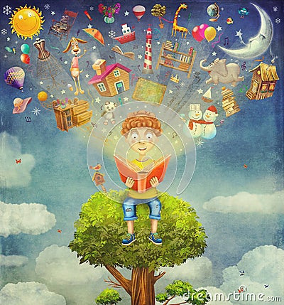 Little boy sitting on the tree and reading book, objects flyi Stock Photo