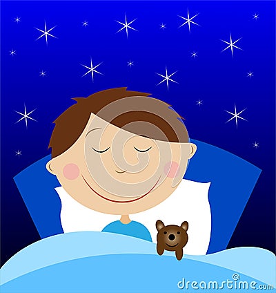 Little boy sleep under blanket with toy bruin Vector Illustration