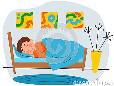 A little boy is sleeping in his bed. A child in pajamas Cartoon Illustration