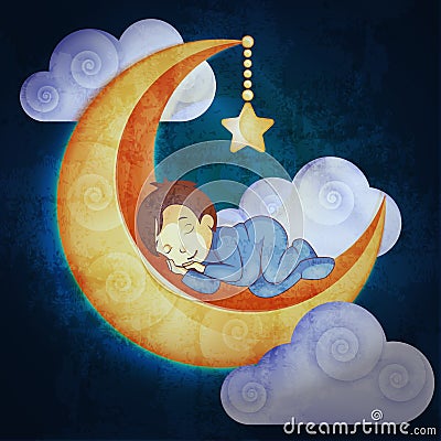 Little boy sleeping on the moon Vector Illustration