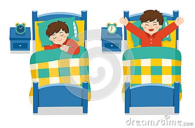 A Little boy sleeping on tonight dreams, good night and sweet dreams. he wake up in the morning. Vector Illustration