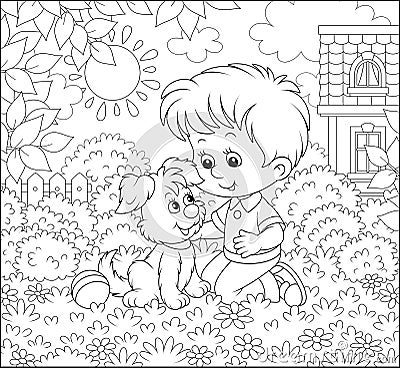 Little boy with a small pup on a lawn Vector Illustration