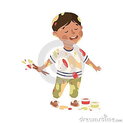 Little Boy Smeared in Paints Holding Artist Brush Vector Illustration Vector Illustration