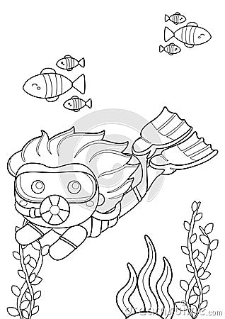 Little Boy Snorkling and Diving Underwater Sport Coloring Pages for Kids and Adult Stock Photo