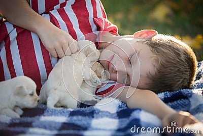 Little boy snuggling with cute tan puppies Stock Photo