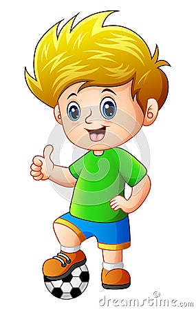 Little boy with soccer ball giving thumbs up Vector Illustration