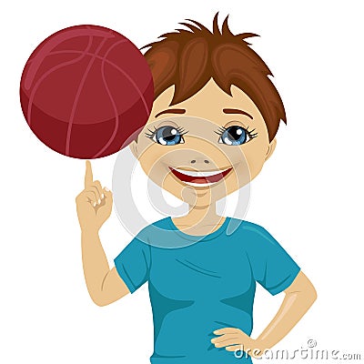 Little boy spinning basketball ball with his finger Vector Illustration